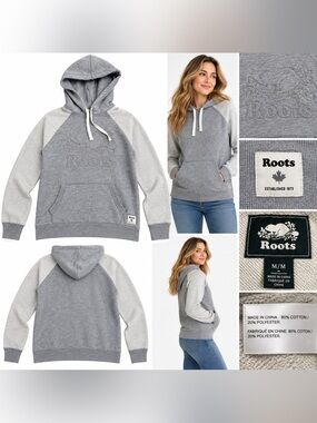 Roots Canada Women’s Medium Gray Beaver Logo Raglan Pullover Hoodie